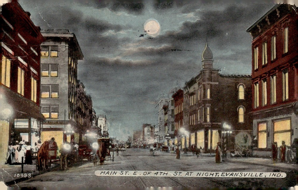 C1910 Main St East of 4th St Evansville IN Night Moonlight View Litho Postcard