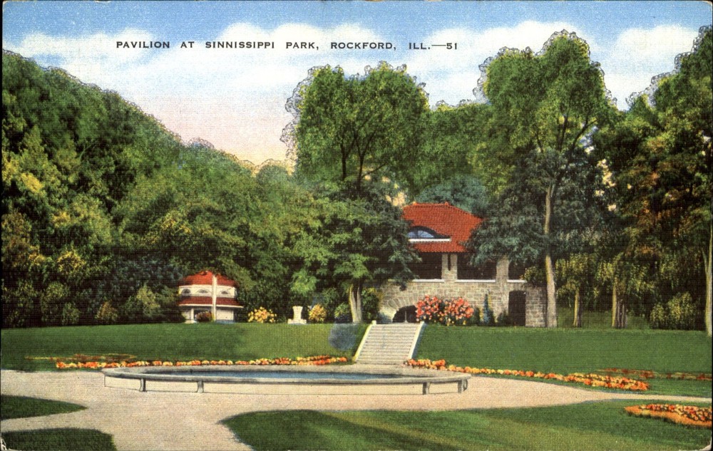 Pavilion at Sinnissippi Park ~ Rockford Illinois IL ~ 1940s linen postcard