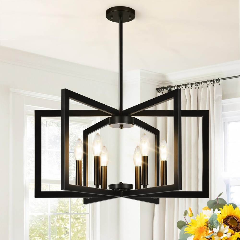 Modern Black Geometric Chandelier - 6-Light Industrial Dining Room Fixture