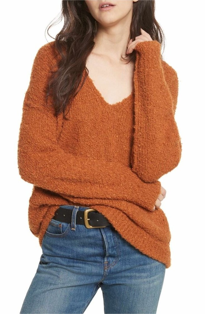 Free People Women Sweater Alpaca Oversized Fuzzy Knit Long Sleeve Deep V-Neck XS
