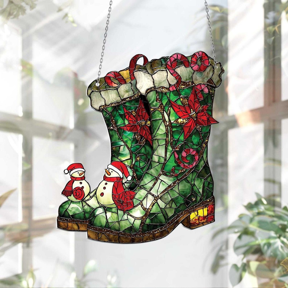 Boot Christmas Acrylic Window Hanging Festive Holiday Decoration With Snowmen