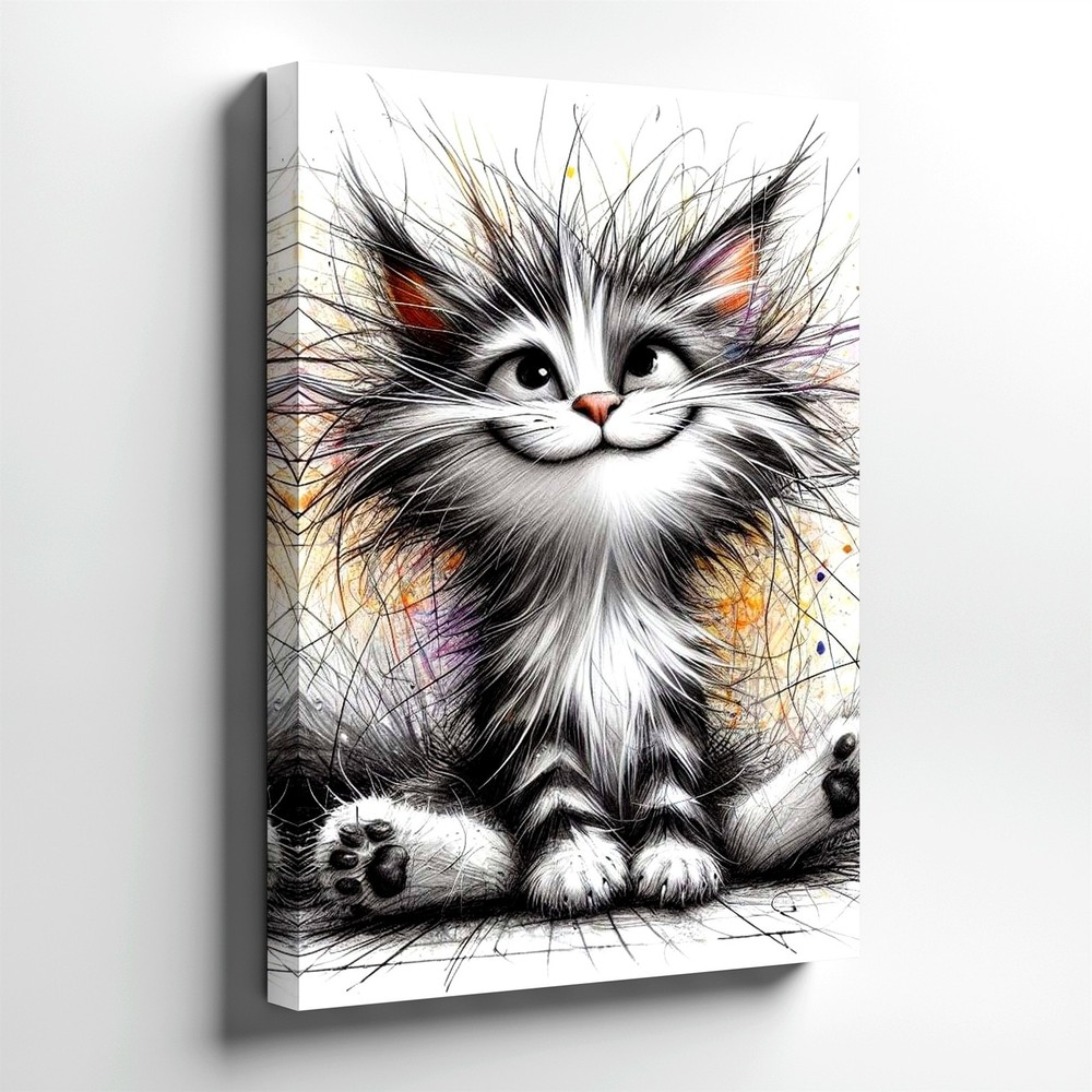 Wall Art Cute Fluffy Kitten Sketch Print Black White Cat Nursery Decor Poster