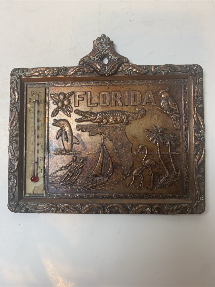 Metal Wall Indoor Thermometer * Florida Souvenir Theme Ornate Collectible 5”x4”