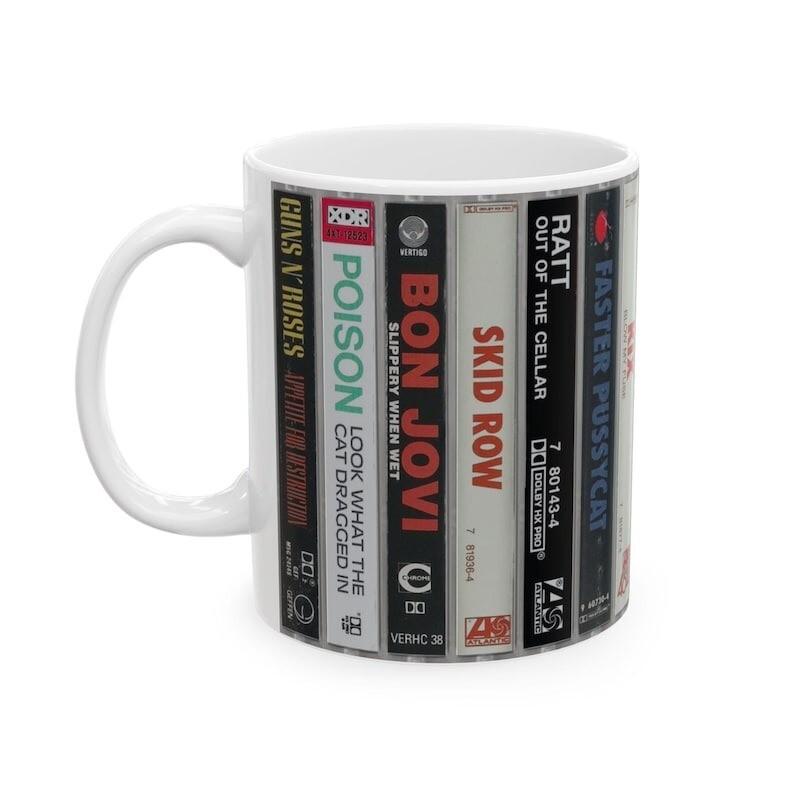 Hair Metal Cassette Cover Ceramic Mug, Music Lover Gift, Retro 80s Coffee Cup