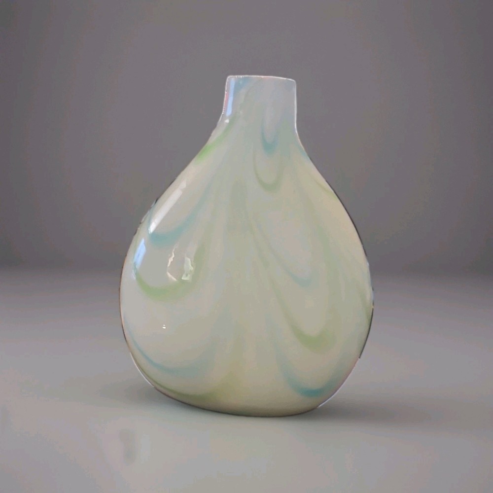 Art Glass Swirl Vase, White w/ Blue & Green Accents, Glossy Abstract Decor