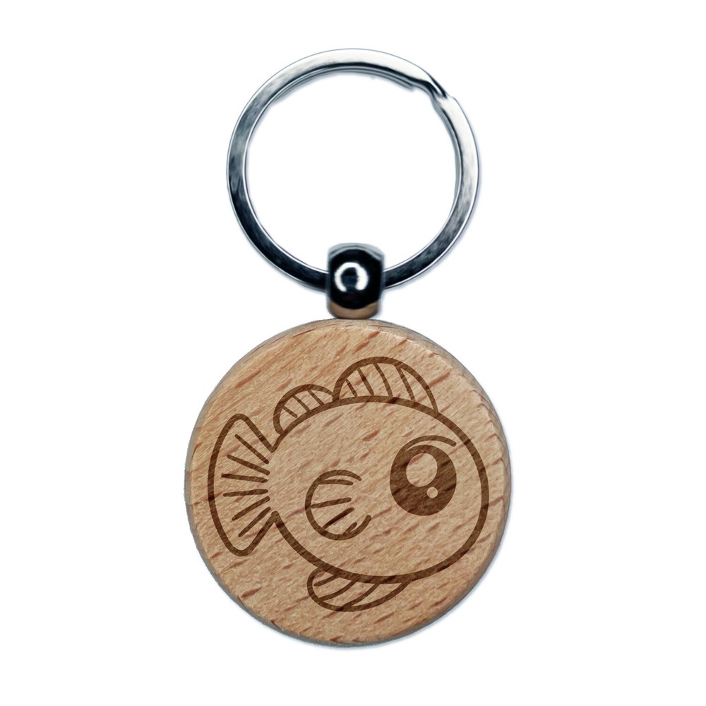 Kawaii Fish Engraved Wood Round Keychain Tag Charm