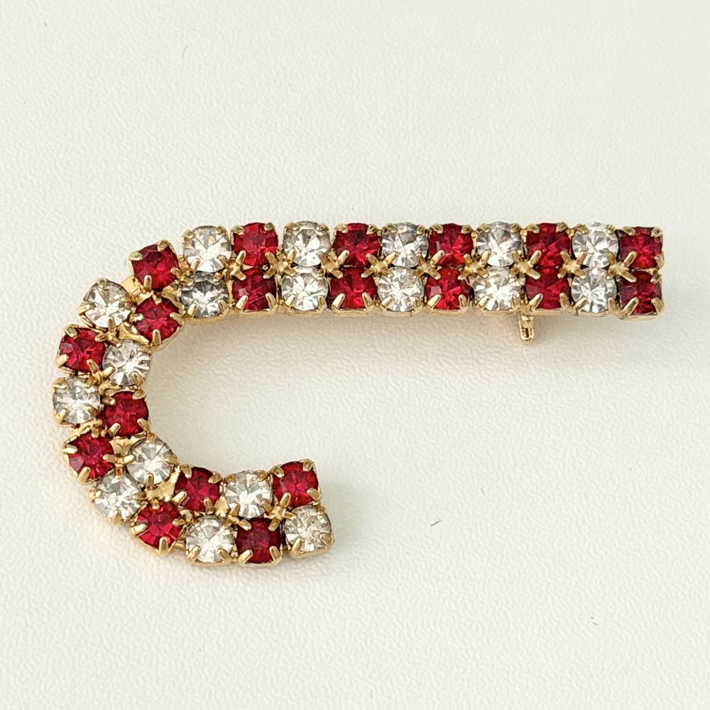 Vintage Candy Cane Brooch Pin Christmas Red & Clear Rhinestone Gold Tone Sparkly