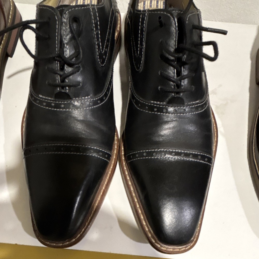 Bruno Marc Oxford Black Leather Lace Up Square Toe Cap Toe Dress Shoes Size 10.