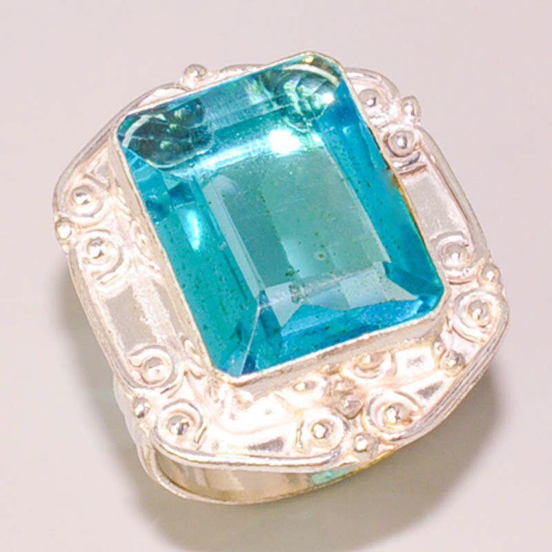 Blue Topaz Faceted Quartz Handcrafted Jewelry 925 STERLING SILVER PLATED RING 9