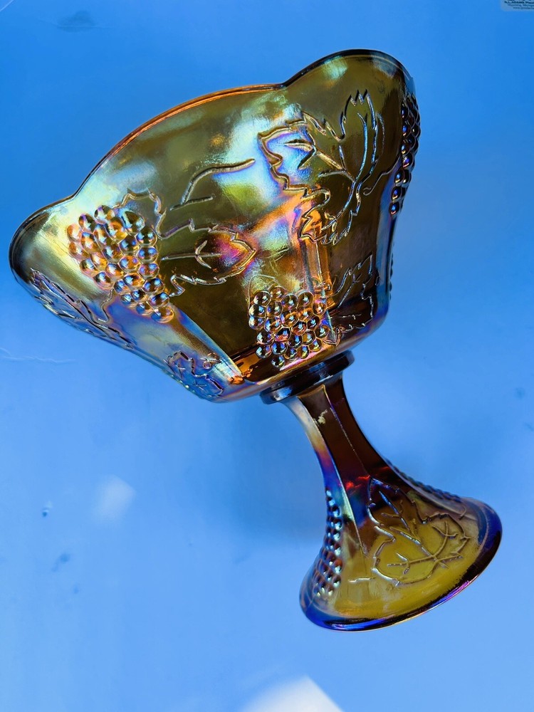 Vintage Amber Marigold Carnival Glass Compote Bowl with Iridescent Grapes Design