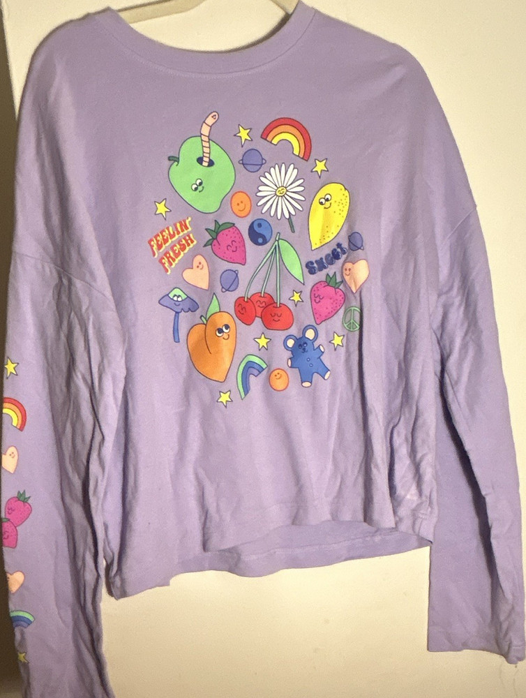 a lab Women’s Purple Long Sleeve Rainbow Fruit Graphic Crew Neck Tee, Size M
