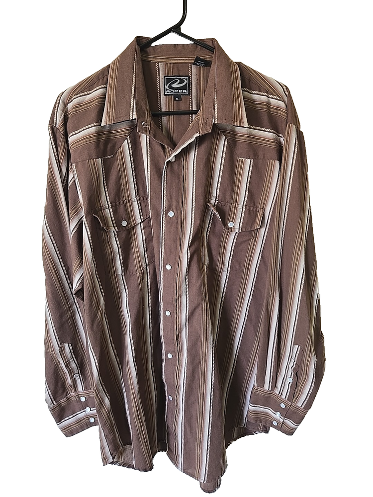 Vtg 90s Roper Shirt Mens XL Brown Silver Stripe Pearl Snap Western Cowboy Rodeo