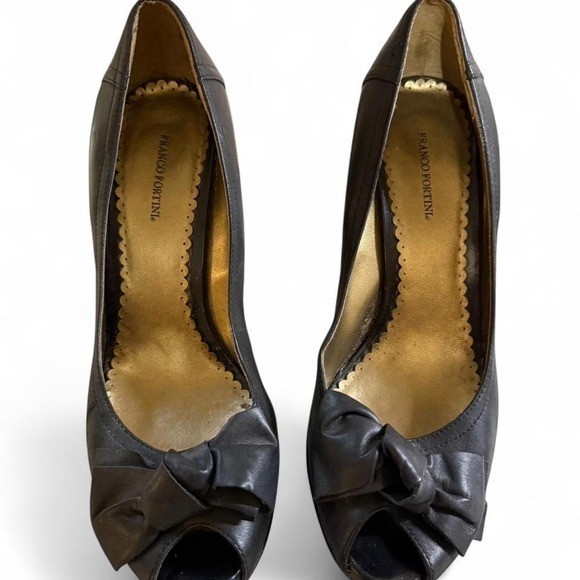 Franco Fontini Women's Black leather peep toe wedges with bow detail