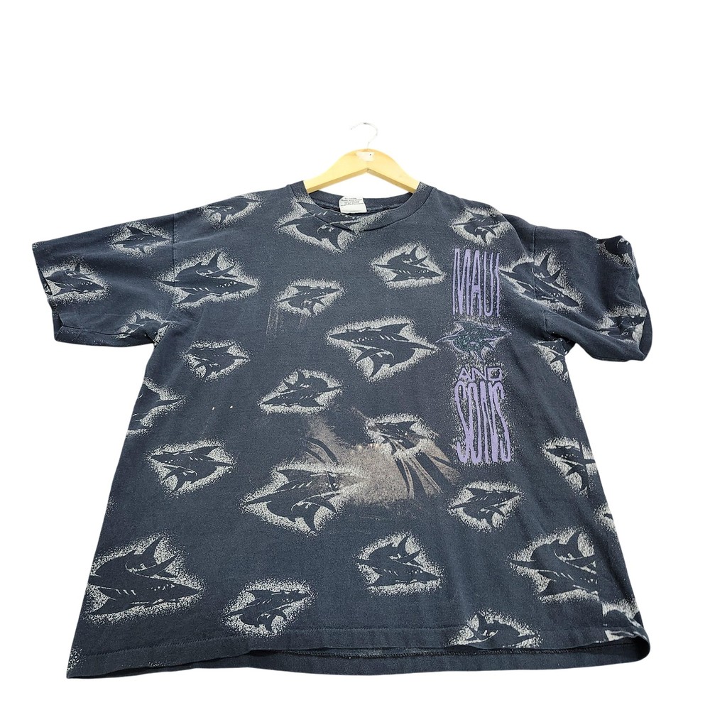 Vintage Maui And Sons Shirt Mens XL Black Shark Graphic Tee Surf Allover USA
