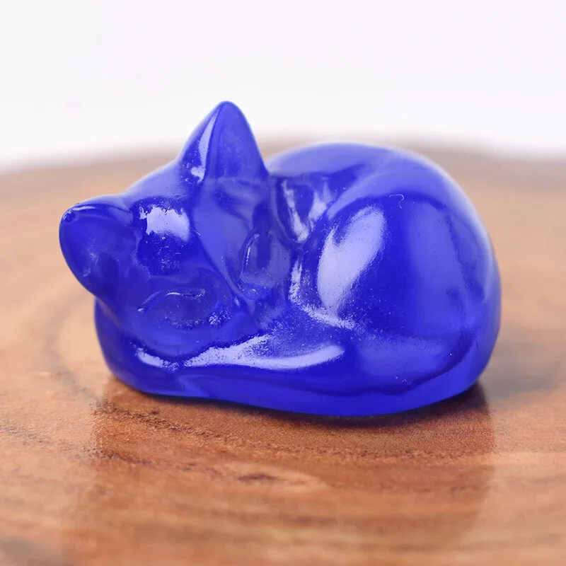 Natural Blue Opal Quartz Crystal Stone Carved Sleeping Cat Mini Statue Healing