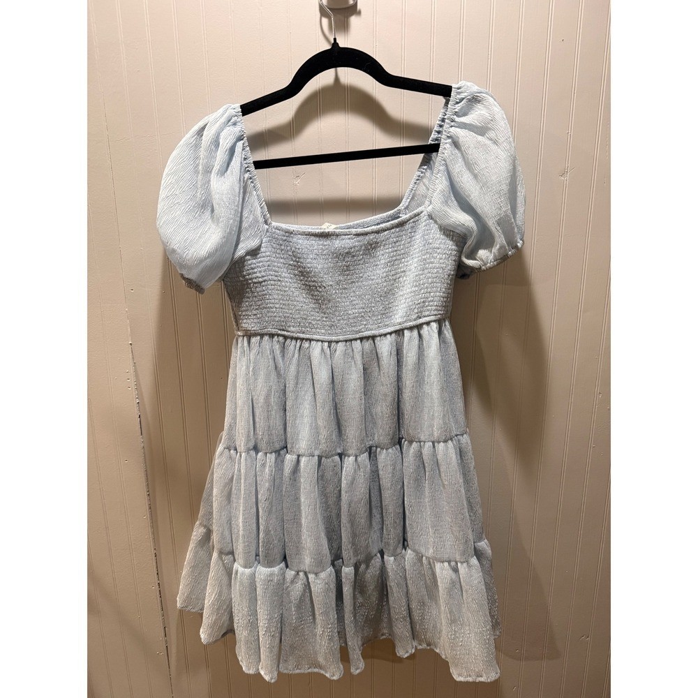 Altar'd State Light Blue Smocked Tiered Puff Sleeve Mini Babydoll Dress