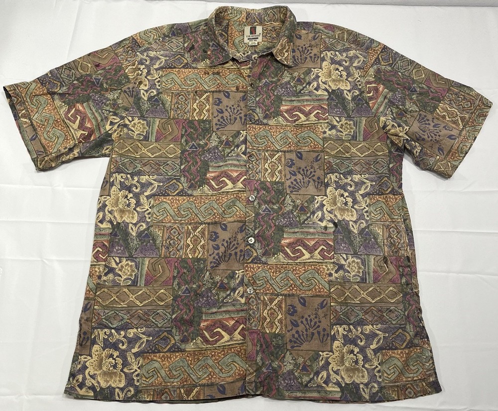 Tori Richard Shirt Mens XXL Hawaiian Button Abstract Palm Trees Geometric Stains-image