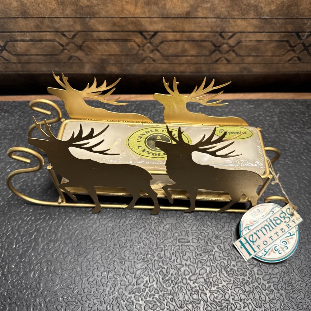 Vtg Gold Metal Brass Christmas Sleigh Sled Candle Holder With Candle Never Lit