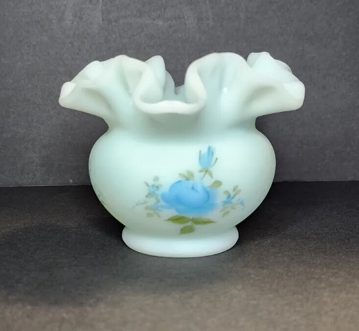 Fenton Blue Rose Satin Art Glass Vase Bowl Ruffle Hand Painted Signed