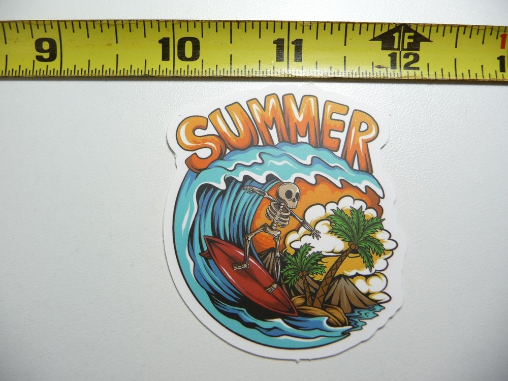 Sunny Coconut Tree Surfing Skeleton Decal Sticker for Summer Vacations
