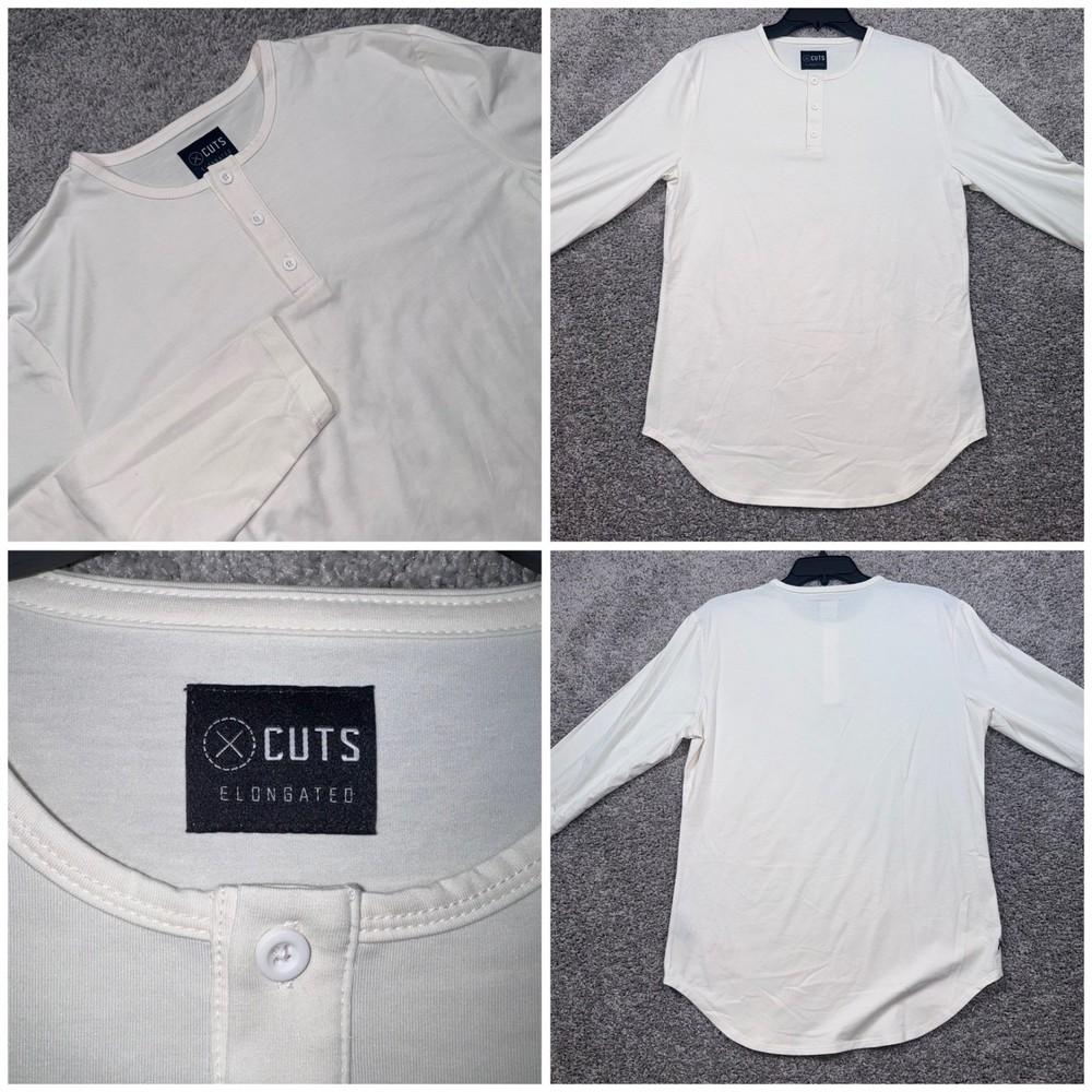 Cuts Elongated Henley Mens Long Sleeve Stretch Curved Hem Cream Large NEW