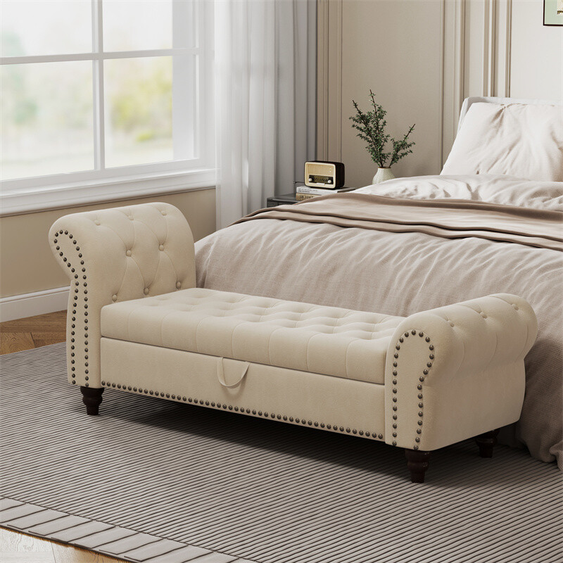 Modern Velvet Upholstered End of Bed Bench Storage Ottoman Seat with Rolled Arms