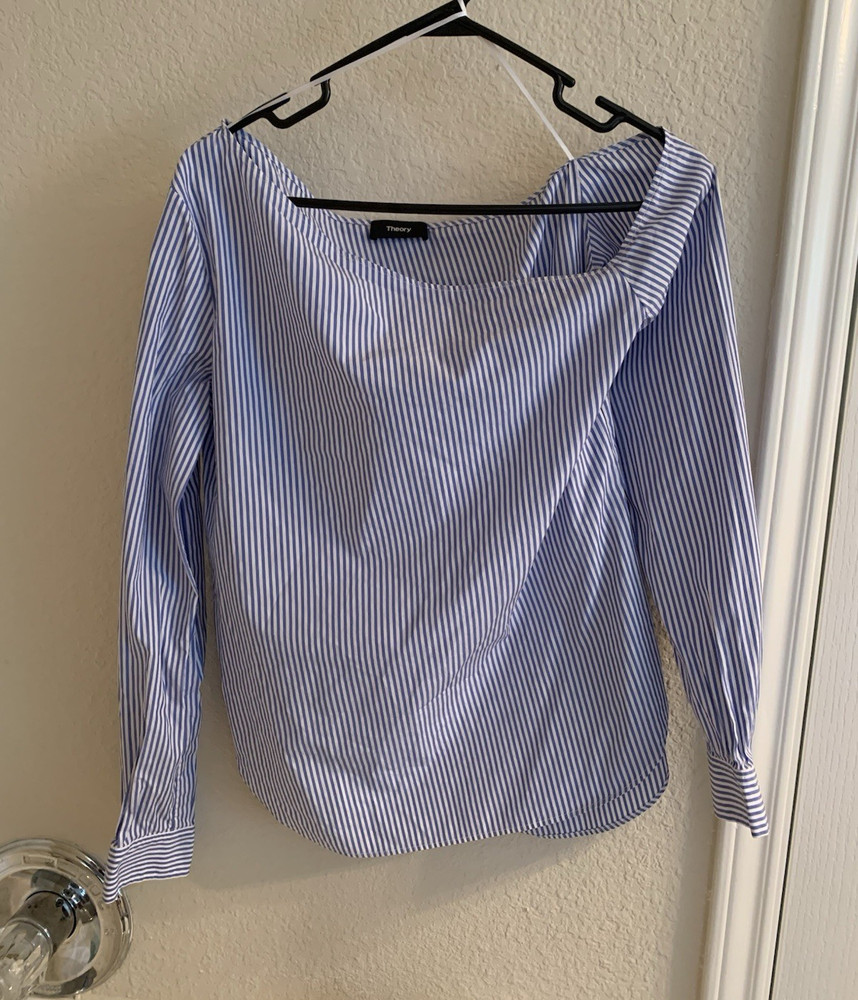 Theory Women’s Blue White Striped off shoulder Long Sleeve Cotton Top Size 6