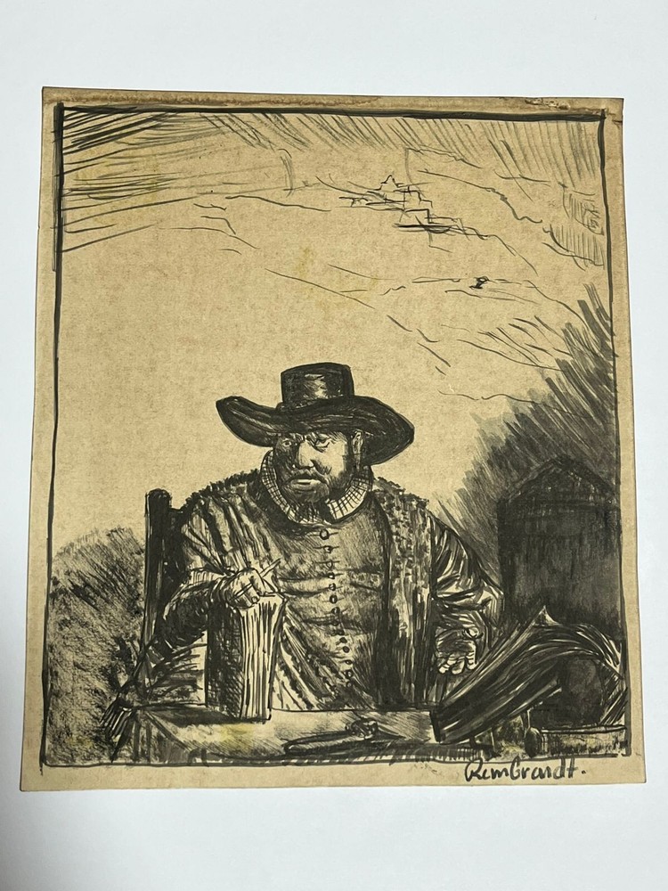 REMBRANDT drawing and painting on old paper signed stamped vintage