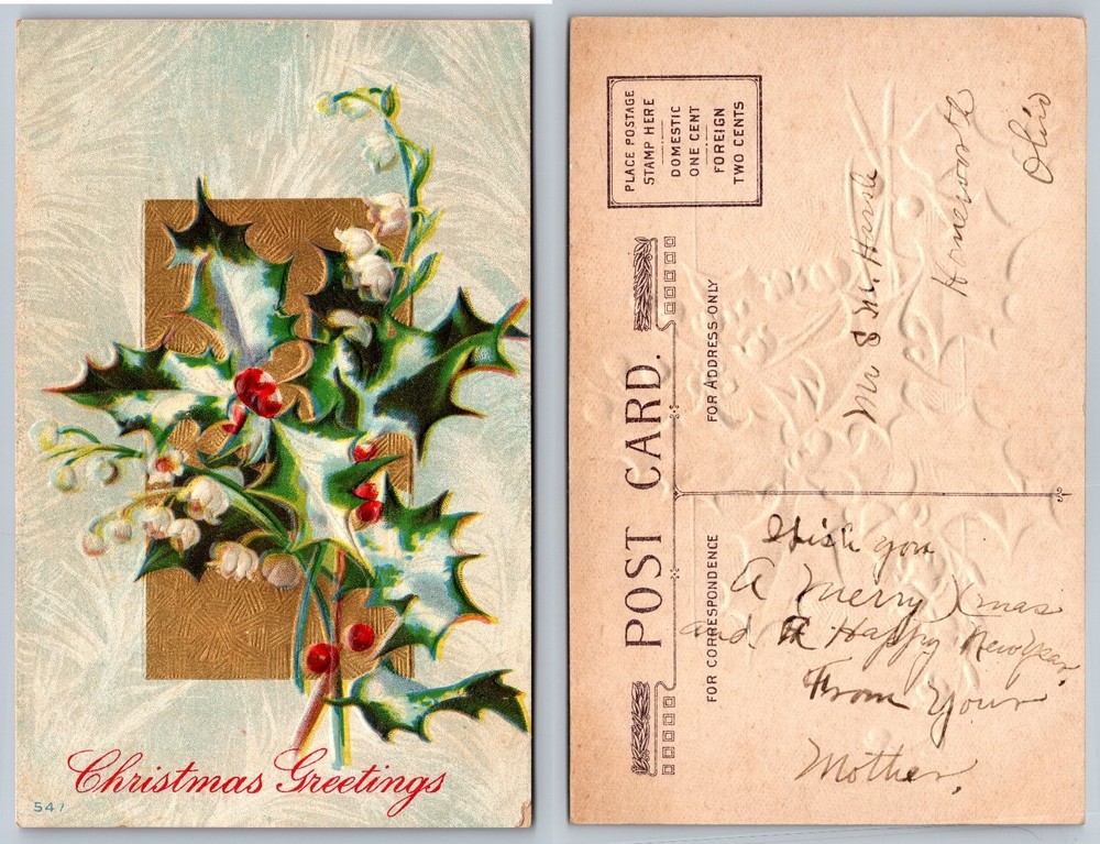 Vintage Christmas Greetings Postcard Embossed Holly Lily of Valley Ohio