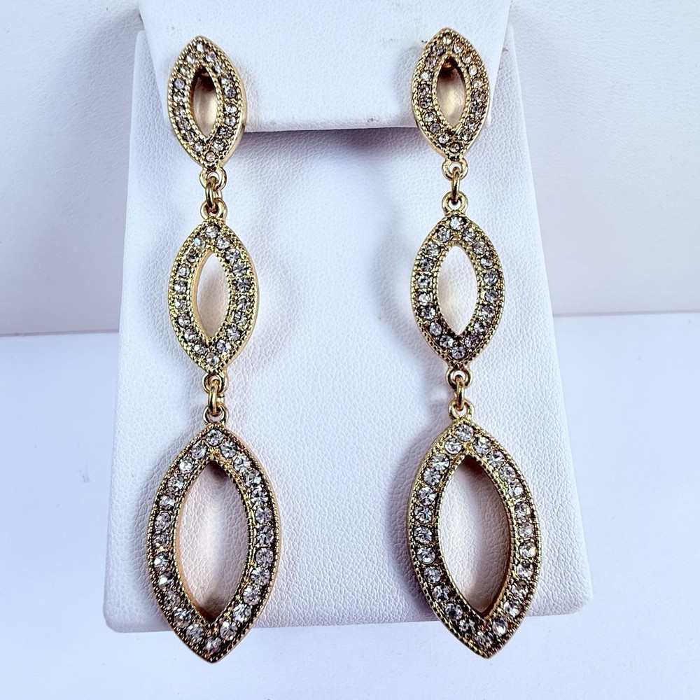 Vintage MONET Long Rhinestone Gold Tone Dangle Stud Pierced Earrings