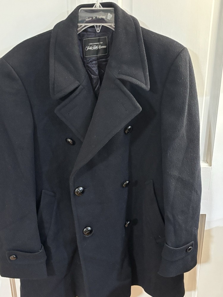 Saks Fifth Avenue Navy Blue Double Breasted Pea Coat Wool/Cashmere England S43