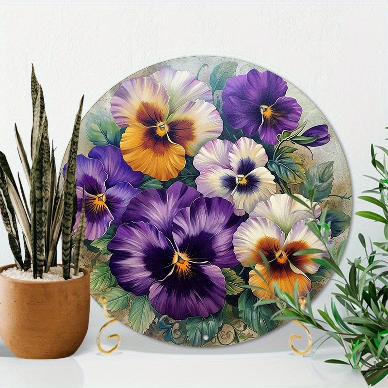 Vintage Lilac Purple Pansy Floral Metal Wall Decor Golden Accent