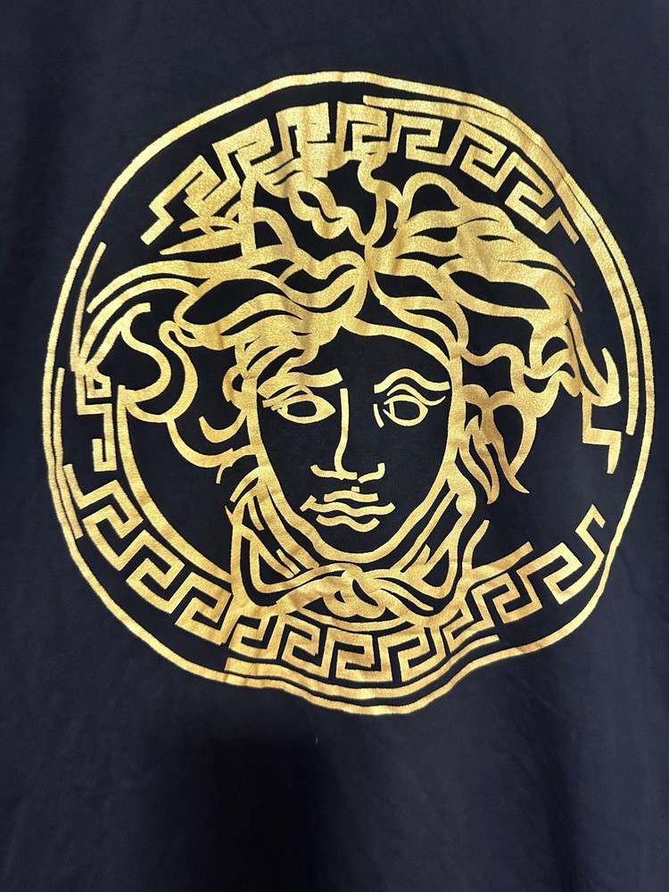 Versace Medusa Graphic Gold Greek Key Short Sleeve T-Shirt 2XL Black Cotton