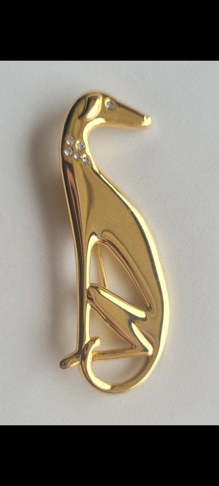 Stylized Vintage Gold Plated & Rhinestone Greyhound Whippet Elegant Brooch Pin