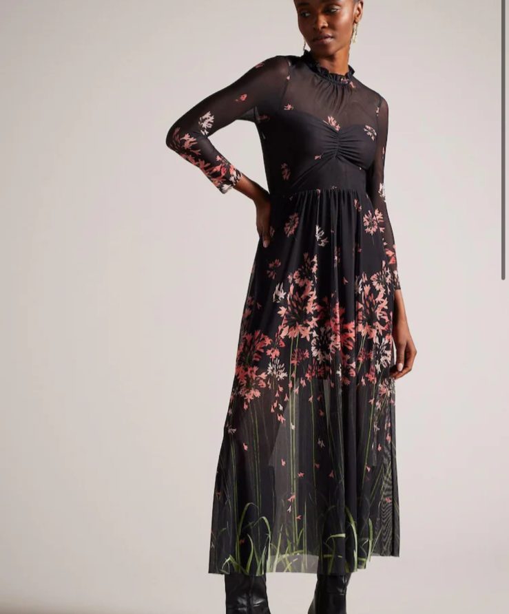 TED BAKER Midi Dress Womens TB 1 UK 8 Susenaa Black Mesh Floral Ruffle Neck NEW