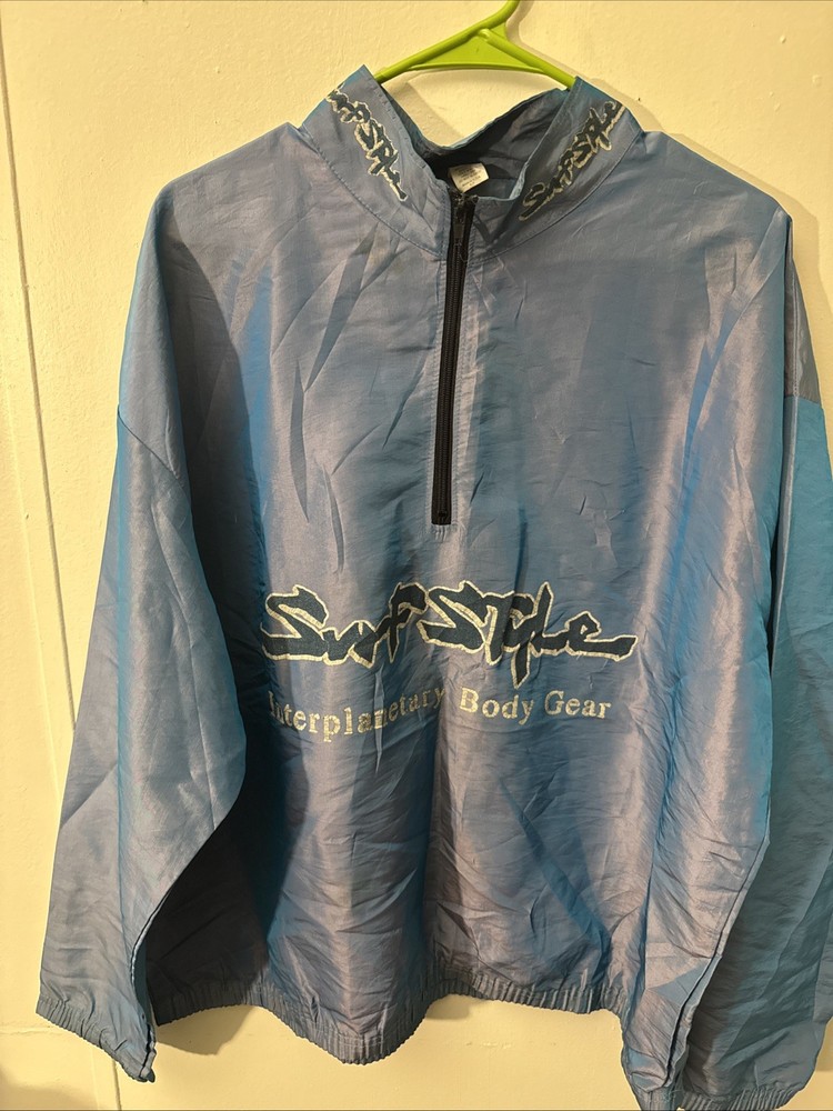 Vintage Surf Style Windbreaker 90s One Size Fits All Blue 1/4 Zip Pullover A013