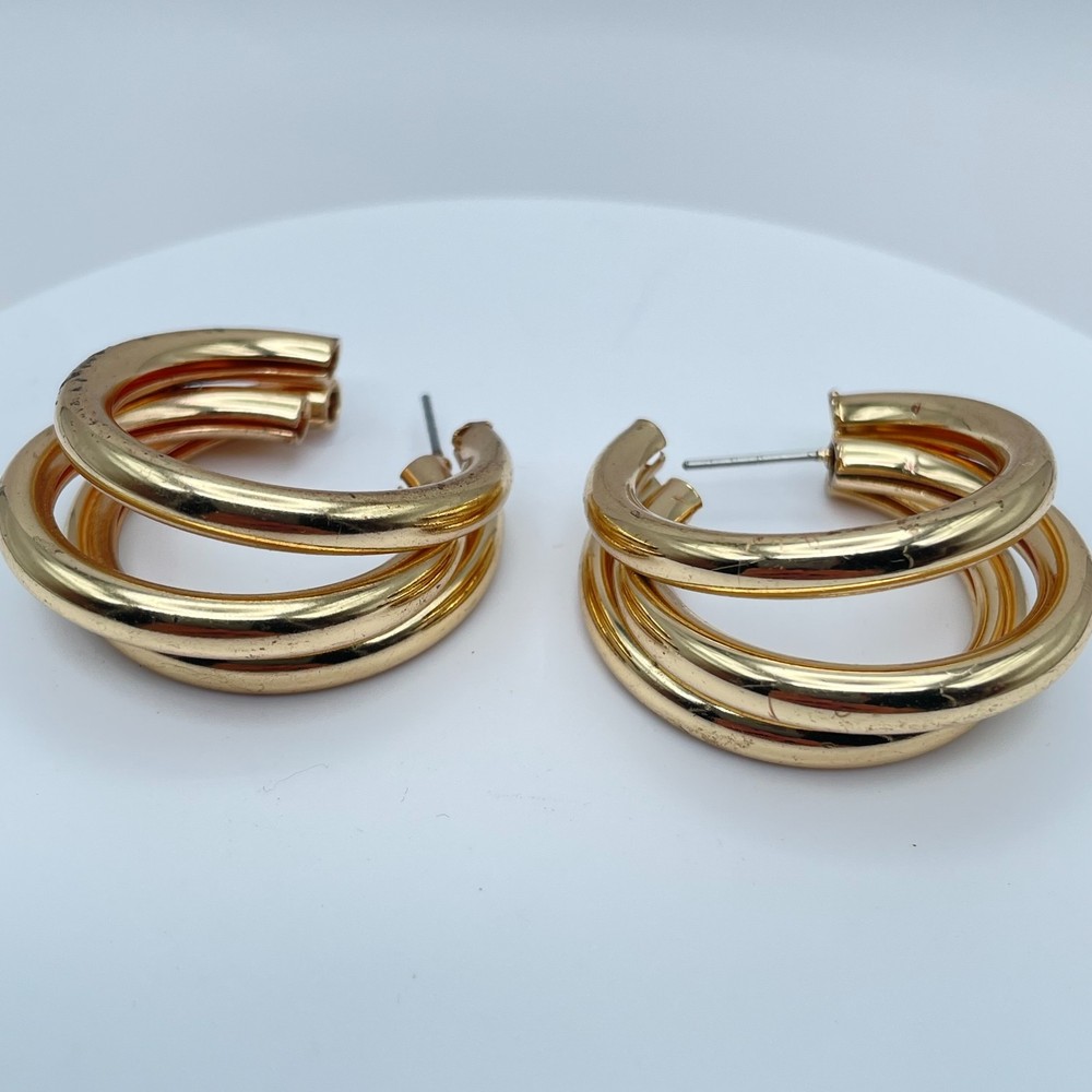 Vintage 90s Gold Tone Multi-Hoop C-Shaped Earrings Chunky Fashion Jewelry Boho