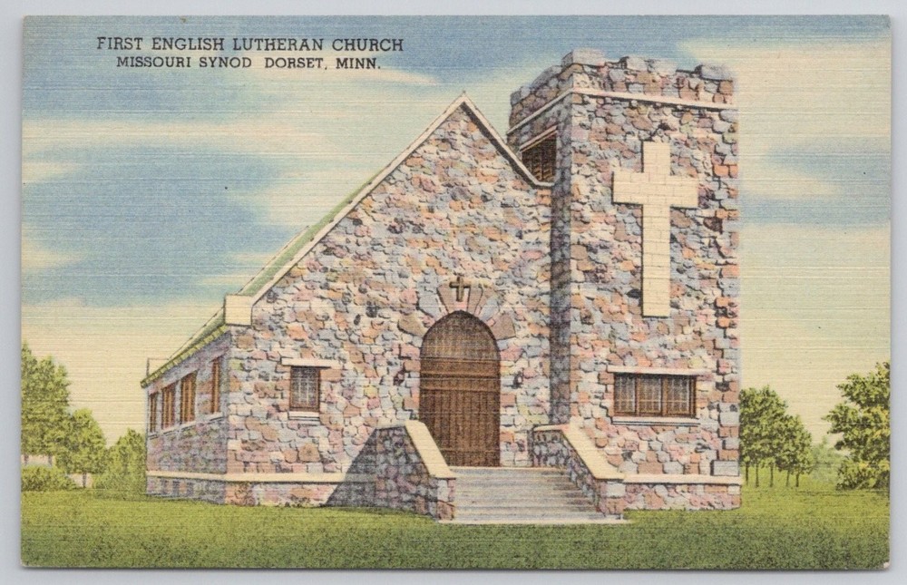First English Lutheran Church Dorset Minnesota Stone Linen Postcard 1940s