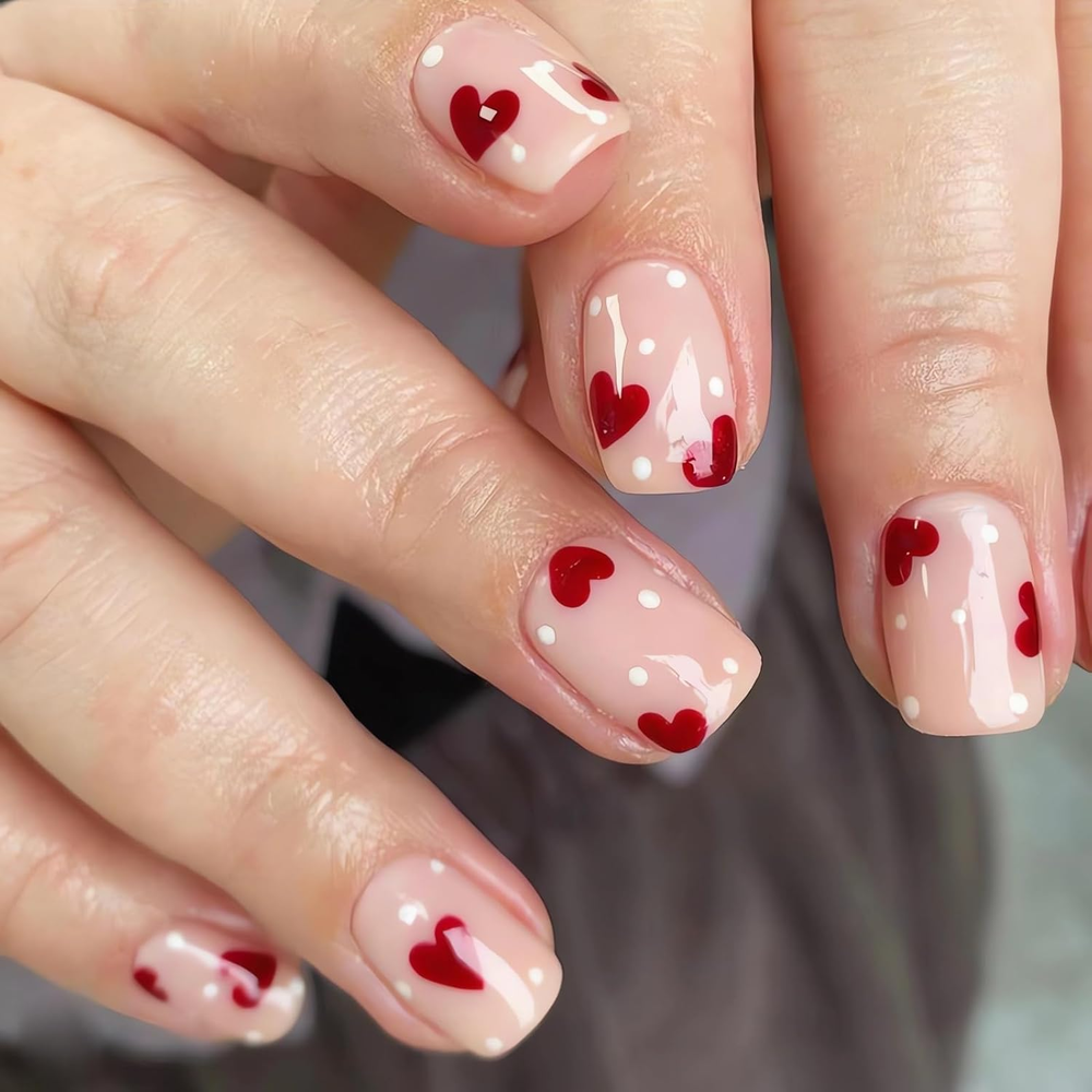 Heart Press on Nails Short Square Fake Nails Valentine’S Day Acrylic Nails Kit w