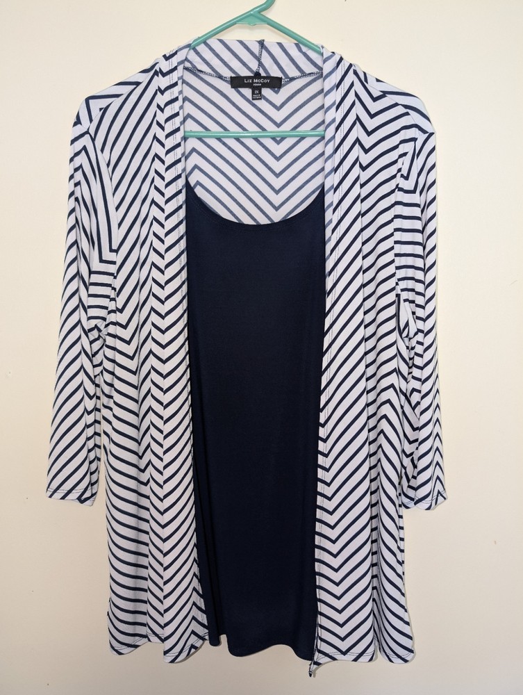 Liz McCoy Woman Size 2X 3/4 Sleeve Navy Blue And White Herringbone Two In One