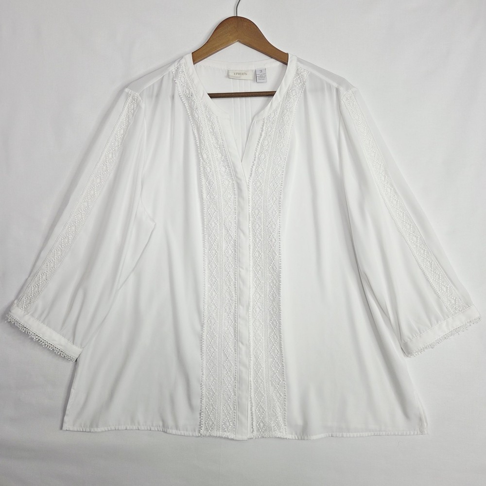 Chico’s Women’s White Lace Trim Blouse Size 3 Lightweight 3/4 Sleeve Top