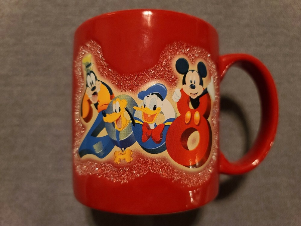 Walt Disney World 2008 Large Red Glittered Coffee Tea Mug Cup Mikey Goofy Pluto