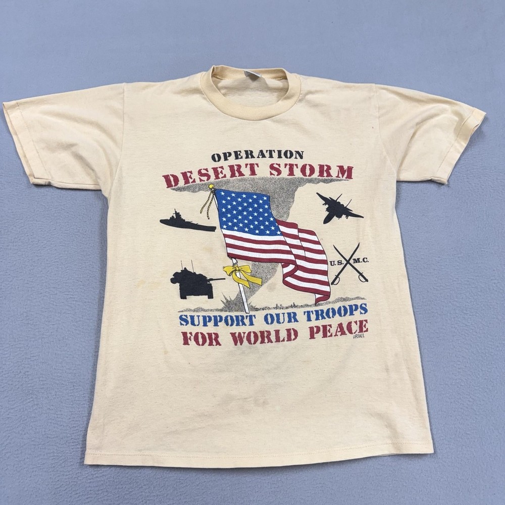 Vintage Jerzees Shirt Mens Medium Beige Operation Desert Storm Flag Tee 90s