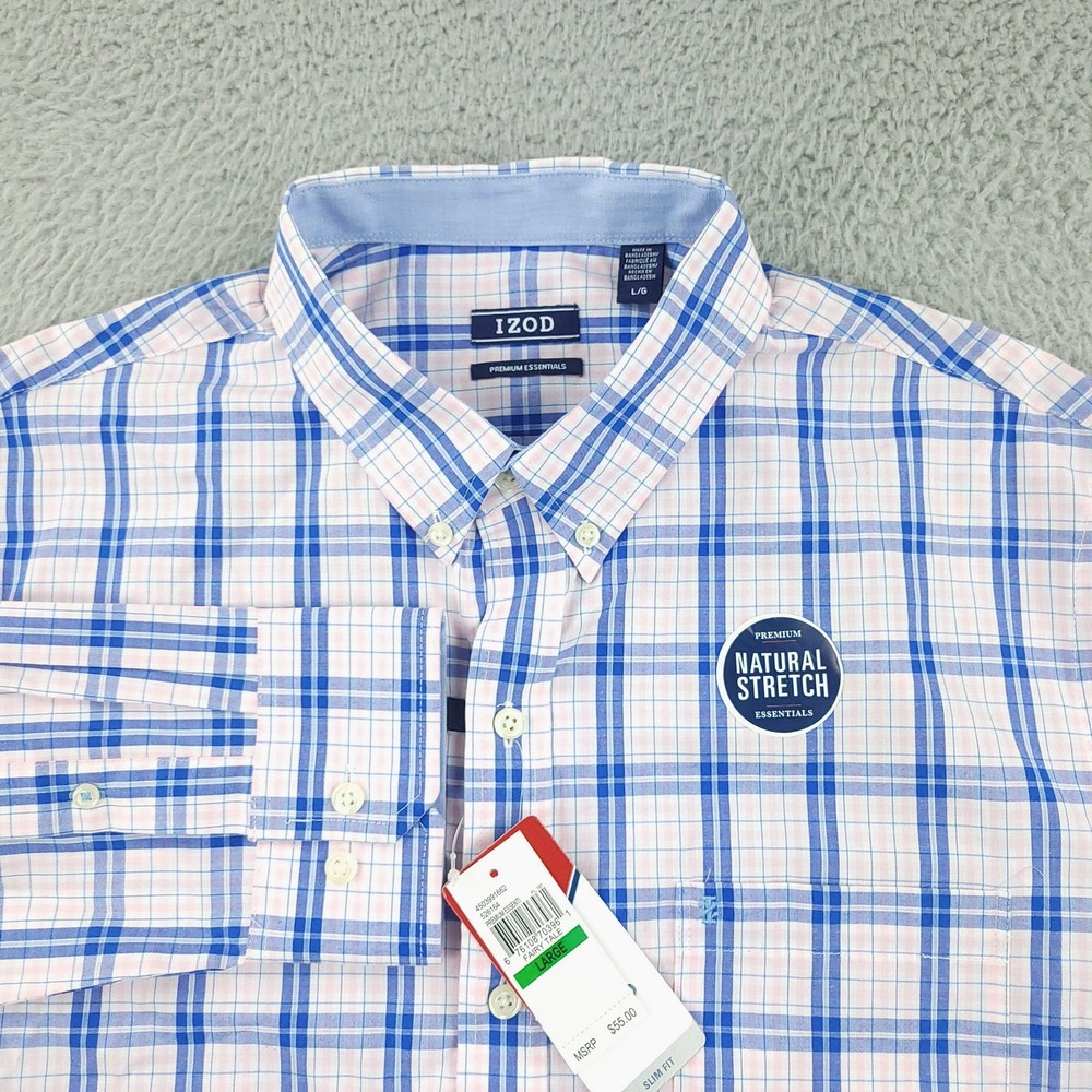 Izod Shirt Mens Large Blue Pink Plaid Long Sleeve Slim Fit Button-Down Stretch