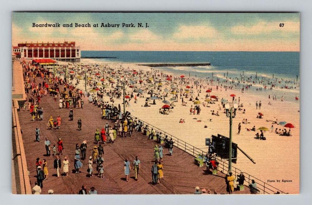 Asbury Park, NJ-New Jersey Boardwalk and Beach Crowds Umbrellas Vintage Postcard