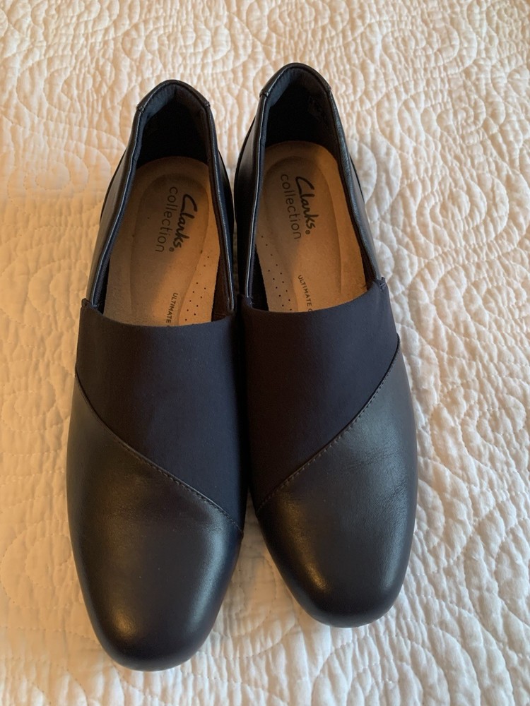 Clarks Womens Juliet Navy Blue Leather Slip On Loafers Shoes size 7.5