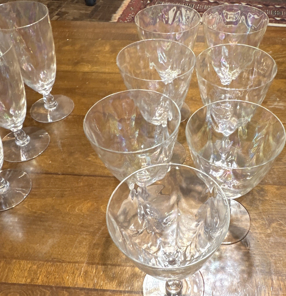 Set of 7 vintage Fostoria Shell Pearl iridescent water goblets from the 1950s