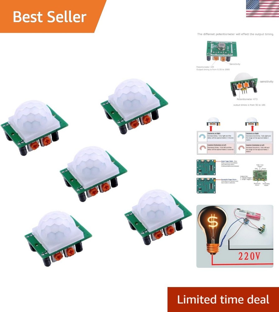 5 Pack HC-SR501 Pir Motion IR Sensor Body Module Infrared for Arduino