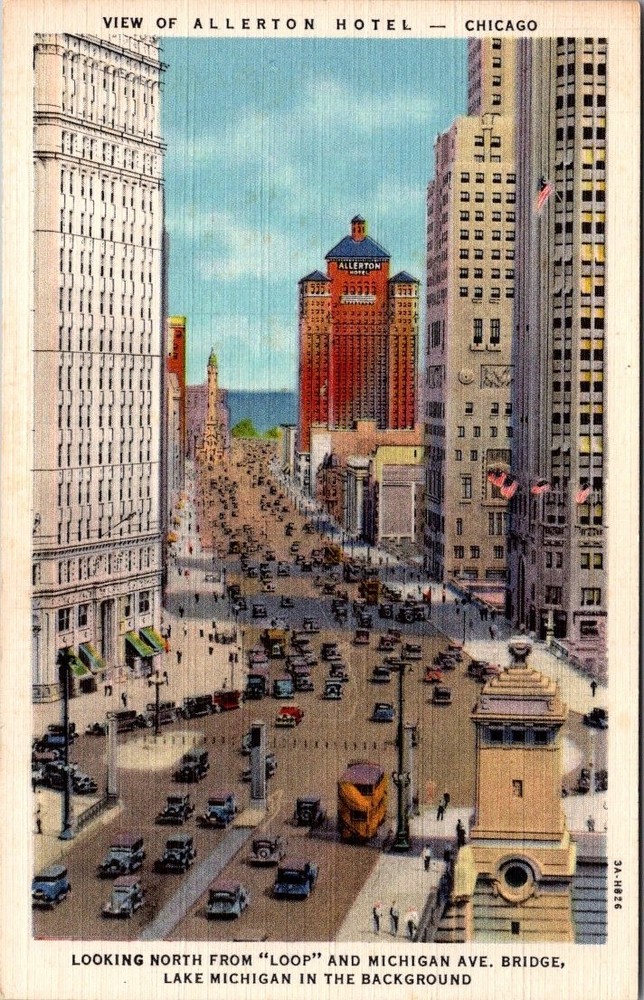 Antique Postcard 1920s Allerton Hotel Chicago Illinois Lake Michigan Bridge