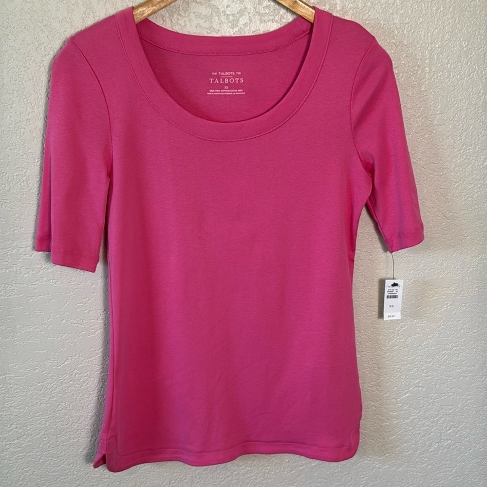 Talbots Women's XS Pink Tee Scoop Neck Side Slit Spring Comfy Basics NWT